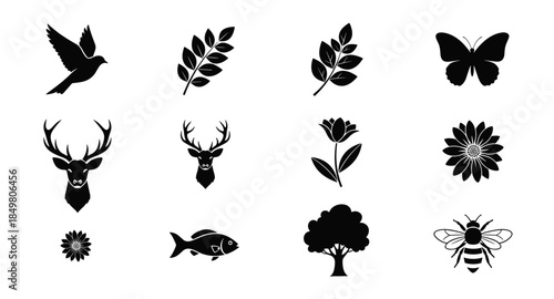 Nature icons set: leaves, birds, flowers, deer, bees, snake, tree, mushrooms — forest and wildlife symbols.