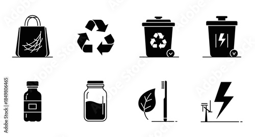 Zero waste and eco-living icons: recycling, reusable bag, bottle, natural products, green energy.