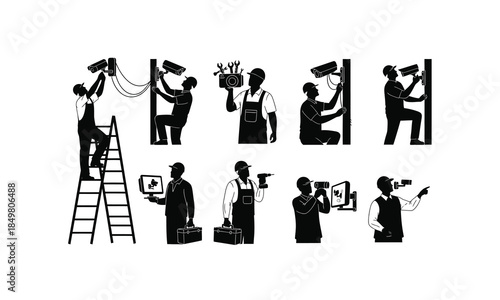 set of CCTV technician silhouettes installing camera in various poses on a white background