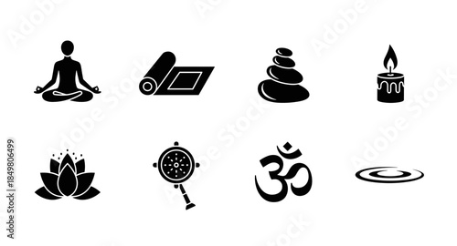 Yoga and meditation icons: lotus, poses, candle, stones, Om symbol, tea, mat, relaxation symbols.