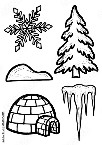 Hand Drawn Winter Elements Set for Coloring - Snowflake, Igloo, Tree, and Icicles