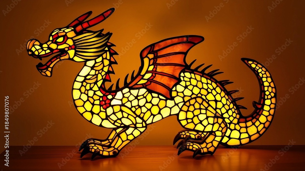 Naklejka premium Glowing dragon shaped Tiffany lamp made of stained glass with vibrant colors. Fantasy decorative light sculpture on dark background.