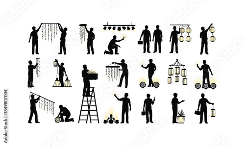 set of event decorator silhouettes arranging lights in various poses on a white background