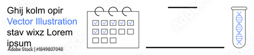 Science, research, genetics, planning, organization, data management. Calendar with checkboxes, DNA strand in test tube and minimal text. Research and planning conceptual design