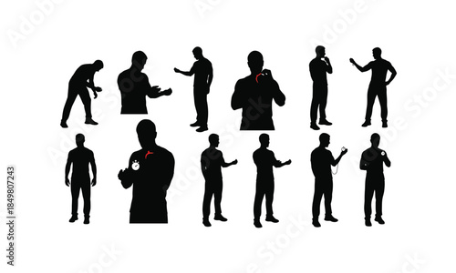 set of fitness physiologist silhouettes checking pulse in various poses on a white background