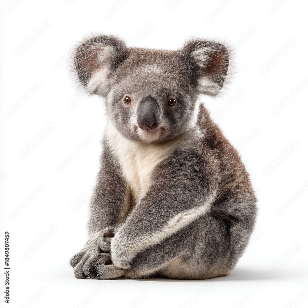 Fototapeta premium AI-generated image - A cute and fluffy koala is captured in a full-body studio shot, sitting upright on a seamless white background.