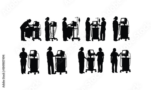 set of ICU nurse silhouettes adjusting ventilator in various poses on a white background