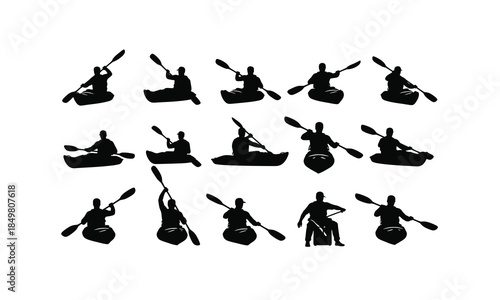 set of kayak instructor silhouettes paddling in various poses on a white background