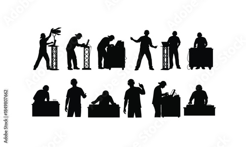 set of lighting operator silhouettes at concert in various poses on a white background