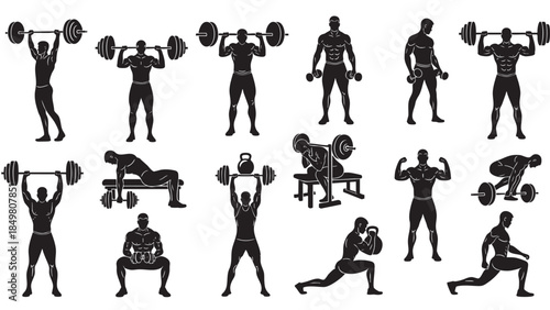 Collection of black silhouette illustrations of people performing weightlifting and fitness exercises on transparent background