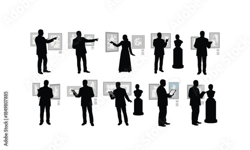 set of museum curator silhouettes explaining artwork in various poses on a white background