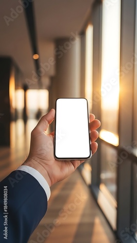 Hand holding blank screen smartphone in office interior with sunset light