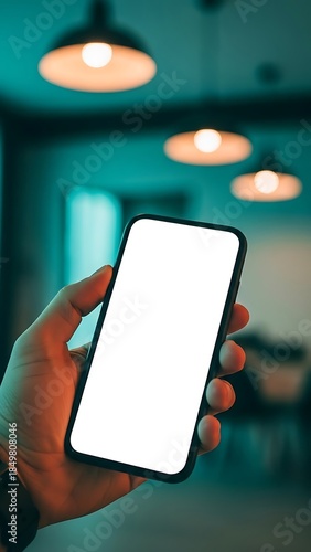 Hand holding blank screen smartphone with blurred pendant lights