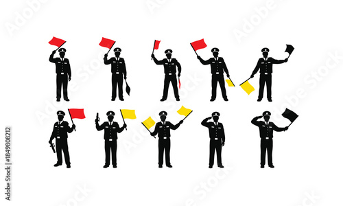 set of railway station masters waving flags in various poses silhouette on white background