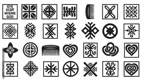 Collection of traditional black and white ethnic patterns and symbols