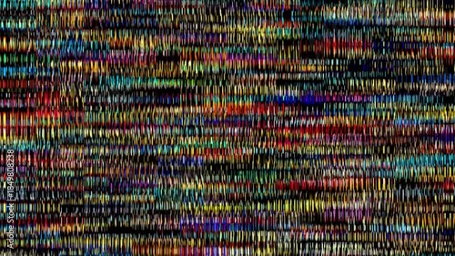 Vibrant multicolor digital glitch blocks abstract motion graphic featuring dynamic spectrum flickering data streams, colorful cybernetic interference pattern
