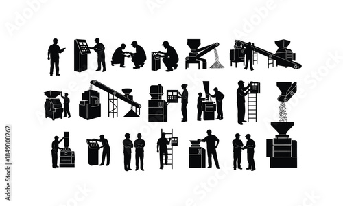 set of rice mill operators monitoring processes in various poses silhouette on white background