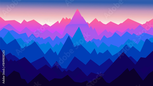 Abstract vector landscape art of majestic mountain ranges at dusk, displaying a stunning gradient palette of vibrant blues, purples, and pinks, capturing nature's serene beauty
