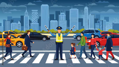 Urban street scene with a police officer managing pedestrian and vehicle traffic at a busy crosswalk in a modern city, detailed flat design