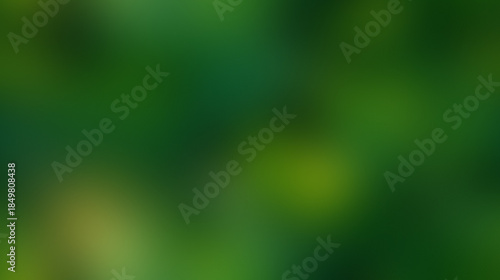 Abstract blurred background of lush green foliage with dappled sunlight filtering through.