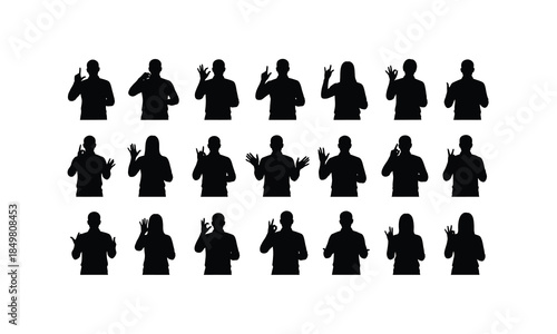 set of sign language interpreters facilitating communication in various poses silhouette on white background