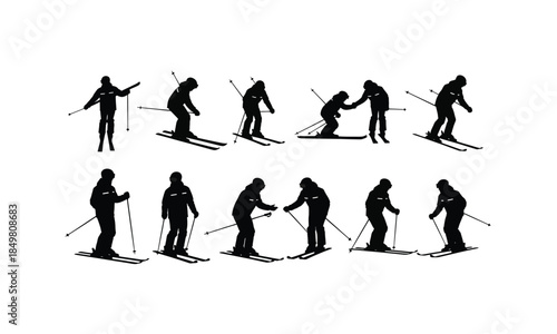 set of ski instructors teaching skiing in various poses silhouette on white background
