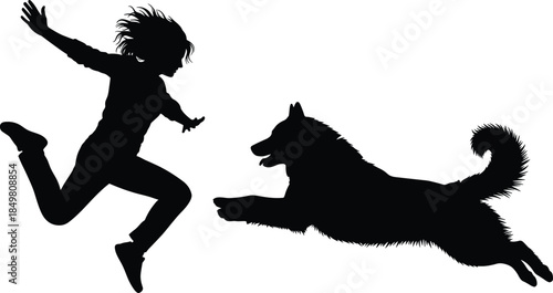 Energetic silhouette of joyful person and dog leaping mid-air together, symbolizing playful companionship, outdoor fun, and emotional connection