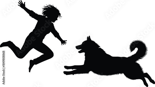 Energetic silhouette of person and dog leaping mid-air, showing playful bond, motion, joy, and outdoor pet interaction scene