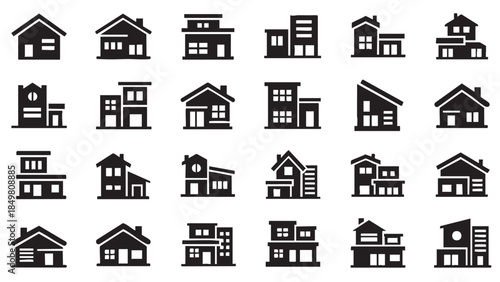Set of black house icons in various architectural styles