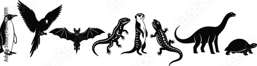 Silhouette illustration of diverse animals including bird, reptile, mammal, and dinosaur species for nature, education, and design use