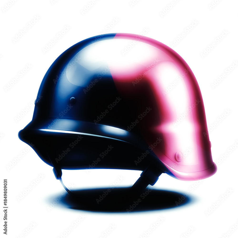 Fototapeta premium A glossy helmet lit with blue and pink neon hues creates a futuristic, high-energy vibe. Ideal for sports, safety gear, design, and tech-related contexts requiring bold, modern visual appeal.