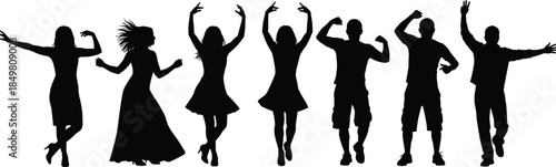 Silhouette of diverse people dancing in expressive poses, showcasing movement, celebration, and individuality in energetic black vector style