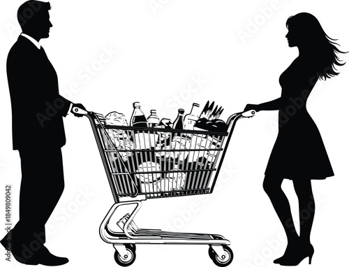 Silhouette of man and woman shopping together with grocery cart, symbolizing teamwork, daily routine, lifestyle, and consumer behavior