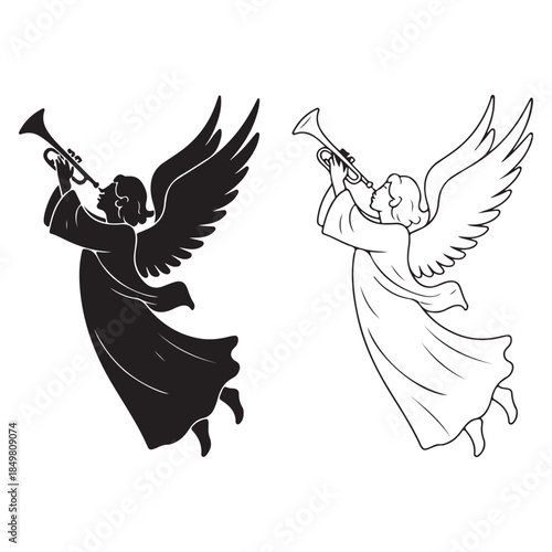 Angels blowing trumpets in black and white illustrations