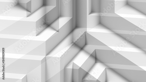 A minimalist, monochrome abstract scene featuring layered stair shaped blocks, 3d art