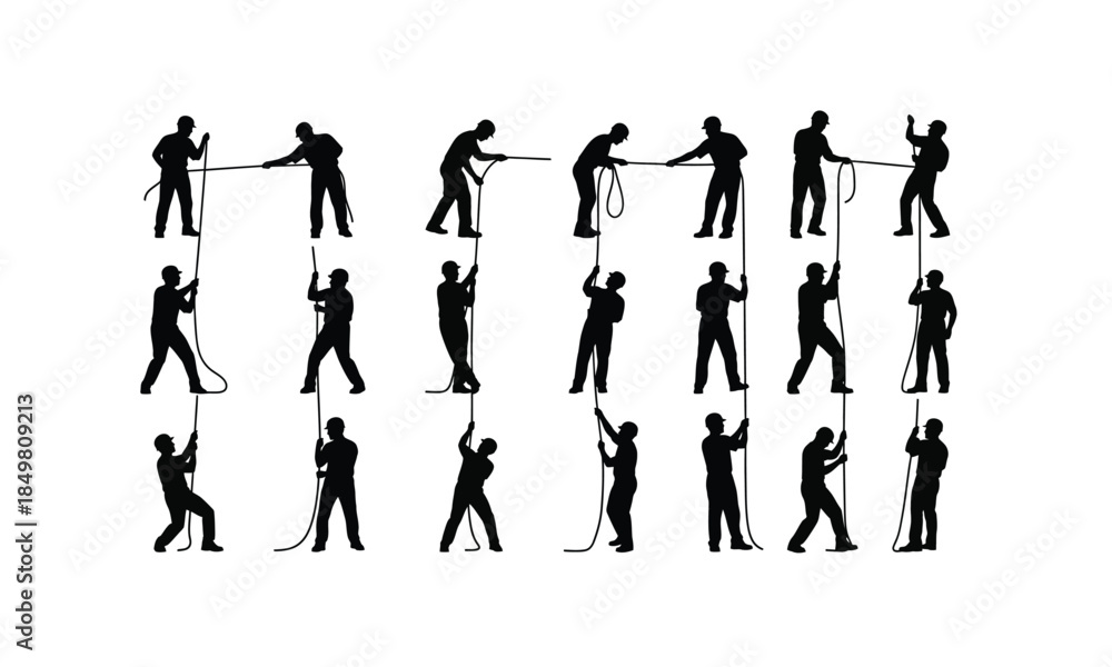 Fototapeta premium set of theater stage technicians pulling ropes in various poses silhouette on white background