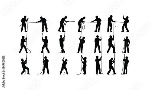 set of theater stage technicians pulling ropes in various poses silhouette on white background
