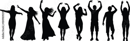 Silhouette set of expressive dancing poses featuring diverse human figures in motion for art, culture, performance, and design use
