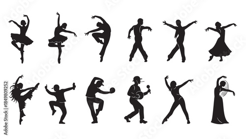 Silhouettes of People Dancing and Playing Instruments on Transparent Background