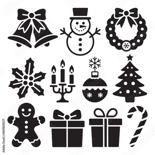 Christmas icons including snowman, tree, gifts, and candy cane