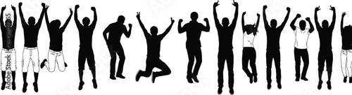 Silhouettes of diverse people jumping in energetic poses, expressing joy, celebration, freedom, and dynamic motion in group unity scene