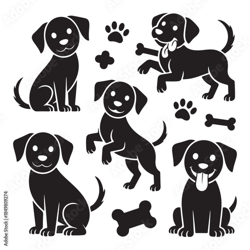 Playful dog silhouettes with bones and paw prints