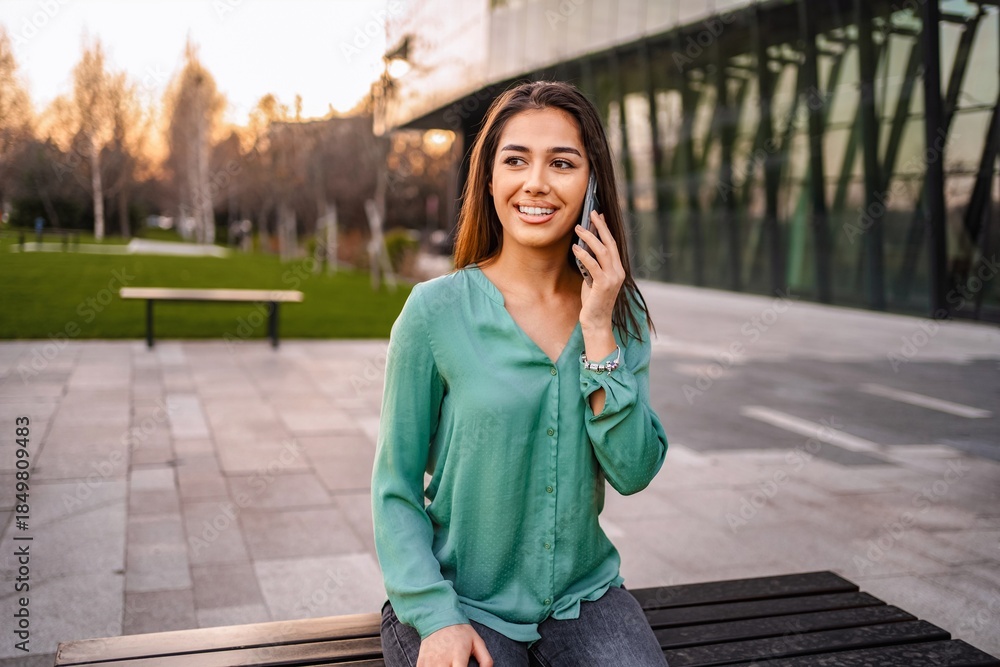Fototapeta premium Young businesswoman talking on smartphone while sitting on bench in urban park