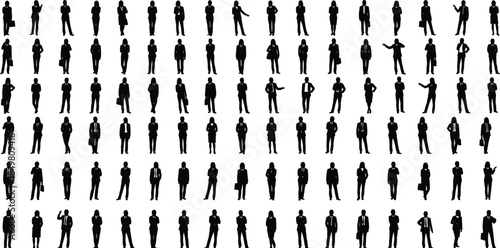 Business silhouettes, corporate posture, professional stance, office attire, executive gestures, team diversity, leadership icons, workplace illustration, formal dress, career poses