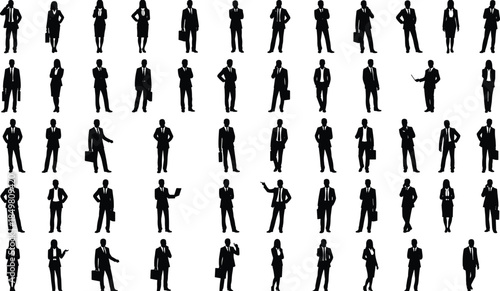 Business silhouettes, corporate professionals, office poses, teamwork, leadership, communication, formal attire, workplace icons, business gestures, vector illustration, stock design