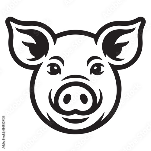 Smiling pig face in black and white illustration