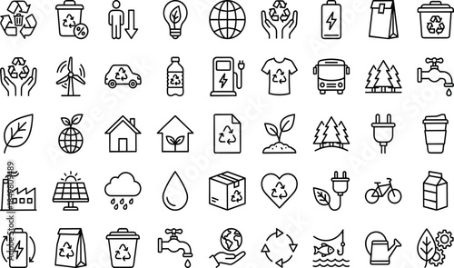 Eco icons, sustainability symbols, recycling, renewable energy, conservation, electric vehicle, solar power, water saving, green living, environmental awareness, nature