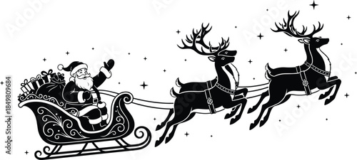 Santa Claus sleigh ride, flying reindeer, Christmas night sky, festive holiday illustration, winter celebration, gift delivery, magical seasonal artwork