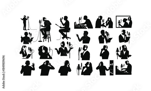set of voice actors recording in studio in various poses silhouette on white background