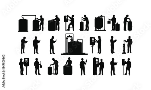 set of water treatment operators in various poses silhouette on white background